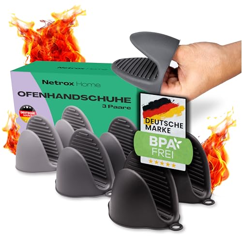 NetroxHome - 3 Paar Mini Ofenhandschuhe Silikon - hitzebeständig bis 240C & spülmaschinenfest - Topfhandschuhe Topflappen zum Kochen Backen & Grillen - Backhandschuhe Kochhandschuhe Topf Handschuhe
