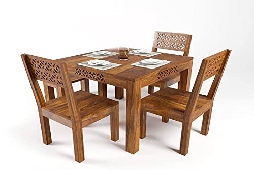 Image of Wooden Solid Sheesham Wood Dining Table 4 Seater | Dining Table Set with 3 Chairs & 1 Bench | Dining Room Furniture Teak Wood Dining Table 4 Seater | Honey Finish