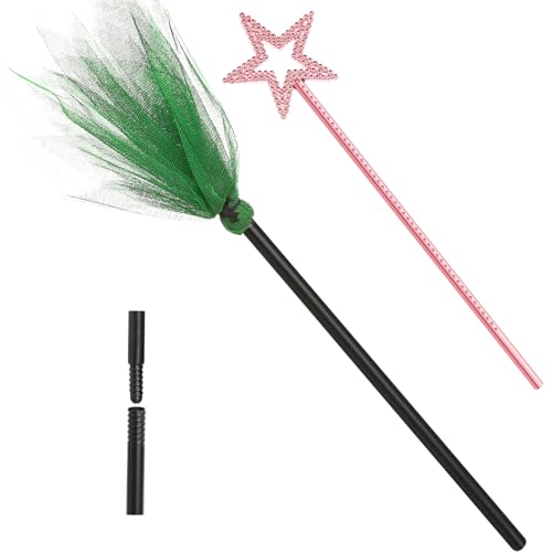 Arrowbash 2pcs Halloween Witch Broom and Wands, 35.4&13.78in, Pink& Green