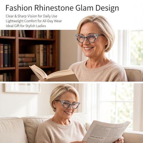 Image of ICARA Sparkling Crystal Retro Cat Eye Frame Bling Rhinestone Reading Glasses for Women Blue Light Blocking Computer Eyeglass