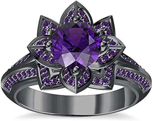 Ranjeeta Round Cut Simulated Purple Amethyst 925 Sterling Silver 14K Black Gold Over Diamond Lotus Flower Engagement Wedding Ring for Women's