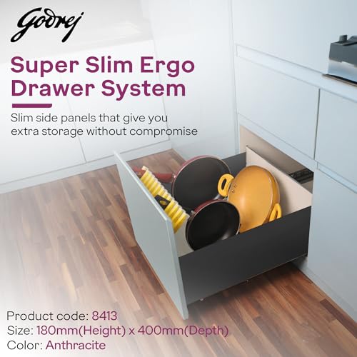 Image of Godrej Kitchen Fittings| Soft Close Slim Drawer Slides | 35 Kg Load Capacity | 3D Three-Way Adjustment Clips | for Kitchen Cabinets & Modular Furniture | Available in 8 X 16 inch, Anthracite