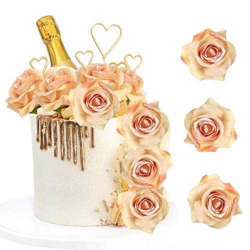 Rsstarxi 9 Pack Rose Gold Artificial Rose Cake Topper for Bridal Shower, Birthday, Wedding Anniversary Party Decorations