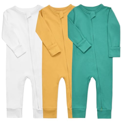 Image of Aablexema Baby Cotton Footless Pajamas with Mitten, 3-pack Infant Romper Zip Up One Piece Jumpsuits Outfit