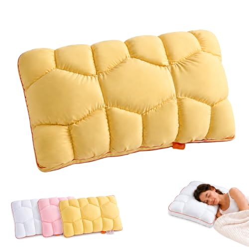 Bazuo Cooling Marshmallow Puff Pillow, Quilted Cool-Touch Bed Pillow for Adults, Cloud-Like Fluffy Sleep Pillow with Neck Support for Side Back Sleepers (Comfort Yellow)