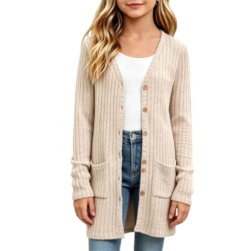 Girls Long Cardigan Kids Lightweight Button down Knit Sweater with Pockets