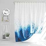 DROPHOP Duschvorhang Textil 240x200 cm Polyester 16 Edelstahl Ringe inkl. maritimes Meer-Design mit dunkel-blauen aquarell Wasser-Tropfen 100% Wasserdicht, gewichteter Saum, Anti-schimmel, Waschbar
