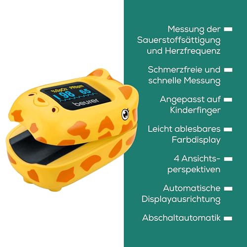 Beurer PO 13 Kids, Finger-Pulsoximeter für Kinder, sekundenschnelle Messung des Pulses und der Sauerstoffsättigung, kleines Format, automatische Display-Ausrichtung, mit Gürteltasche