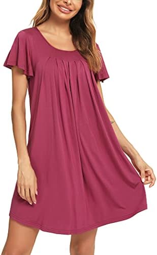 Roojaa Womens Short Sleeve Nightgown Pleated Soft Loose Sleepshirt Casual Nightdress Rose Purple