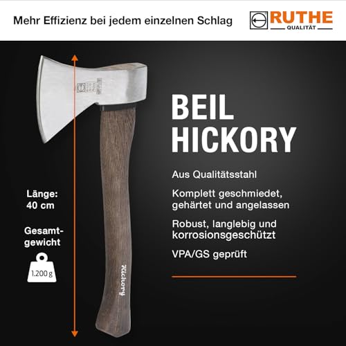 RUTHE Beil Hickory 1000 g | Profi-Tool für Garten & Wald | Geschmiedet Gehärtet | DIN 5131B VPA/GS Geprüft | Ergonomischer Stiel | Gala-BAU Qualität