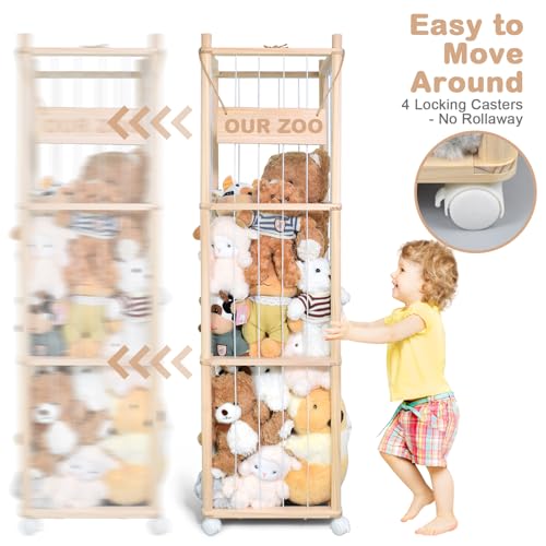 Image of Stuffed Animal Storage, Wooden Cute Zoo Toy Holder with Brake Wheels, Space Save Toy Organizer, Large Capacity Stuffed Animal Holder, Perfect for Nursery Playroom Kidroom Bedroom-54 Inch