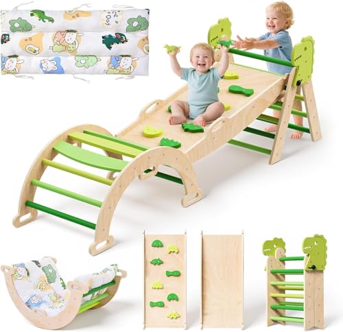 9-in-1 Montessori Indoor Play Set, Indoor Climbing Triangle, Climbing Arch with Cushions, and Slide for Children for 1-3 Years ((3-piece set - Dinosaur design - Green))
