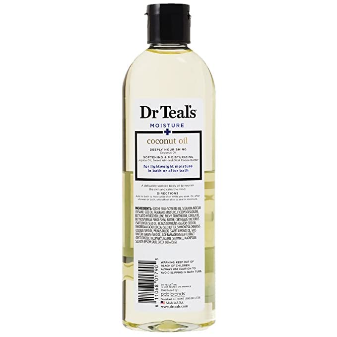 Dr Teal's Coconut Bath & Body Oil (1 Bottle, 8.8oz) - Nourishing Coconut Essential Oils Blended with Sweet Almond Oil & Cocoa Butter - Paraben & Phthalate Free - Use in Bath or on Skin