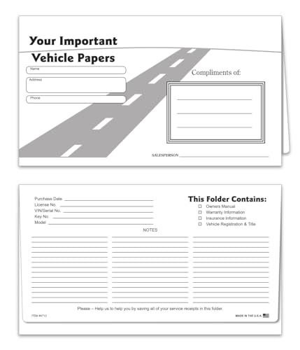 Black Road Vehicle Paper Wallets - 6" x 10-1/2" Size, 65# White Textured Stock - Durable Paper Document Holders for Automotive Registration, Insurance, and Maintenance Records - Pack of 50