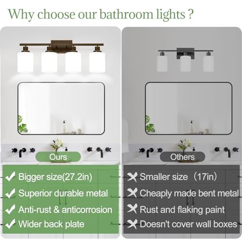 Image of MOKATNG 4-Light Bathroom Light Fixtures, Vanity Light with Milky White Shades, Oil-Rubbed Bronze Bathroom Light Fixtures Over Mirror, Modern Bathroom Wall Lamp for Mirror Living Room Cabinet Bedroom