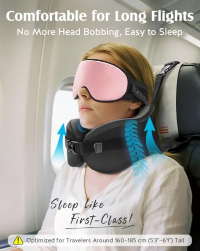 Image of YFONG Travel Pillow with Head Support & Sleep Mask for Long Flights, Pink