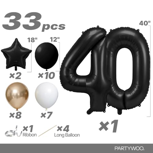 Image of PartyWoo Black Number 40 Balloon 40 Inch 25pcs Black Foil Star White Gold