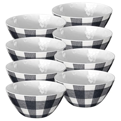 Purely Home Black & White Checked Melamine Plastic Bowls Set of 8 - Gingham Outdoor Dining Reusable Cereal/Dessert Bowl Gift - Dishwasher Safe & Break-Resistant