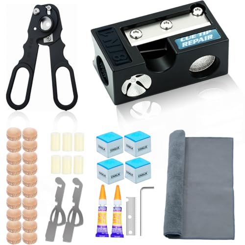 OMTRS 38PCS Pool Cue Tips Replacement Kit, 13mm Pool Stick Tips Replacement Kit with 8 in 1 Cue Tips Shaper Tools, Pool Cue Replacement Tips Repair Kit Billiard Pool Accessories