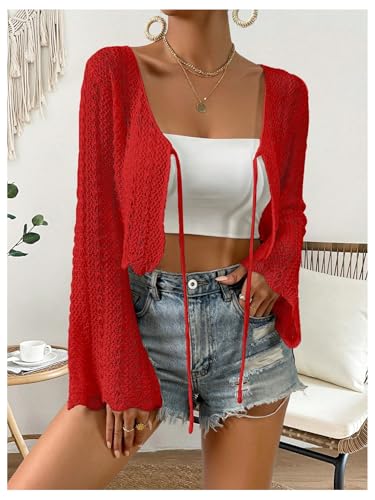 Image of Verdusa Women's Tie Front Crop Cardigan Bell Long Sleeve Scalloped Lightweight Knit Tops Summer Beach Cover Up