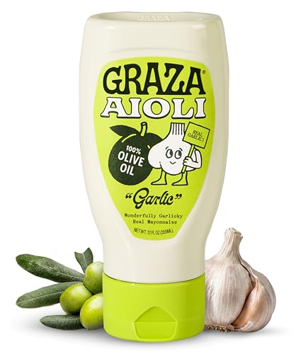 Graza Garlic Aioli Dip Sauce in Squeeze Bottle - 100% Olive Oil Mayonnaise Aioli with Real Chopped Garlic - Made with Cage Free Eggs & Free from Seed Oils - Zesty Garlicky Mayo Spread & Dipping Sauce
