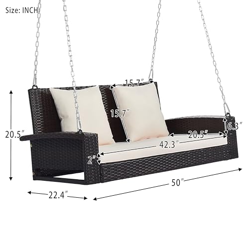 Image of Patio Outdoor Double Seater Swing Chair Without Stand for Balcony, Garden | Weather Resistant Rattan & Wicker Hammock Jhula for Adults | Outdoor Sofa Swing (Brown & Light Cream)