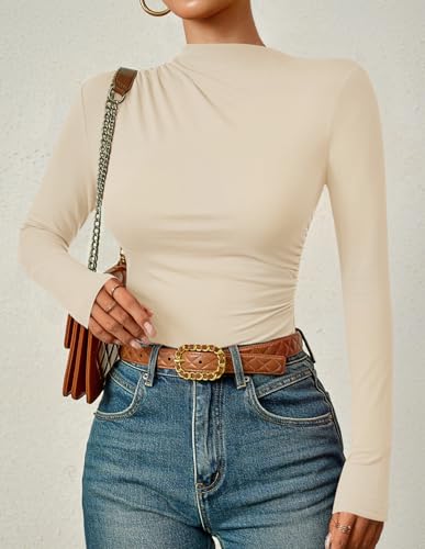 ZESICA Women's Long Sleeve Tops Mock Neck Ruched Tight Shirts 2025 Fall Trendy Outfits3