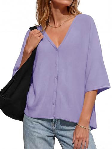 Image of Saodimallsu Womens V Neck Half Sleeve Cardigan Sweaters Summer Knit Tops | Oversized Fit, Button Down, Batwing Sleeve, Soft Lightweight Knitted Fabric, Trendy Casual Style, Summer Fall Outfits