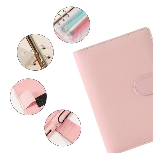 A5 Folder A5 Ring Binder 6 Lock PU Leather Cover Ring Binder A5 Ring Binder (Inner Paper Not Included), Refillable Budget Folder A5 for Travel Work and Organiser (Pink) - Image 3
