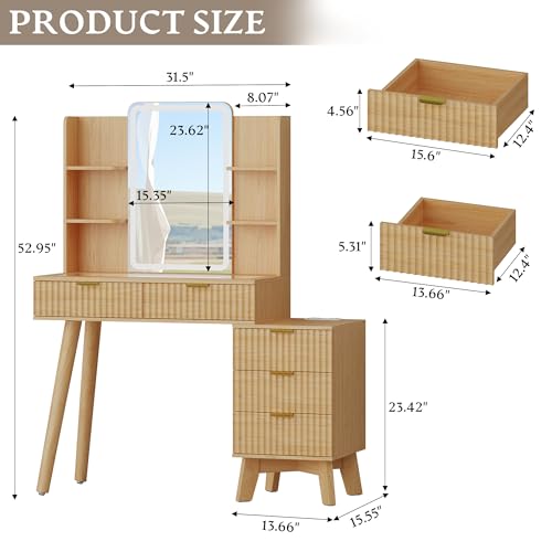 Image of Xixini Fluted Vanity Desk with LED Lights Mirror & Charging Station, Oak