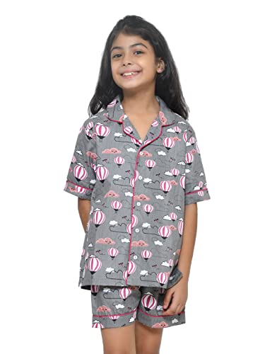 Image of Girls Premium Cotton Full Sleeves Printed Nightsuit Set | Collar Style Night Dress for Girls | Soft & Breathable Pajama Set | Trendy Kids Sleepwear & Nightwear