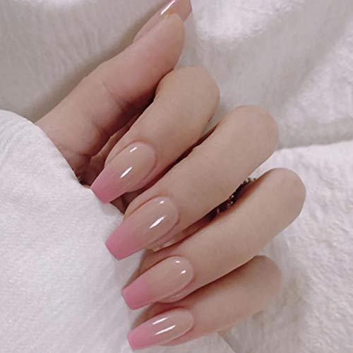Feilisa Coffin Fake Nails Pink-Gradient Press on Nails Short Acrylic Full Cover False Nails Tips 24 pcs(Pink)