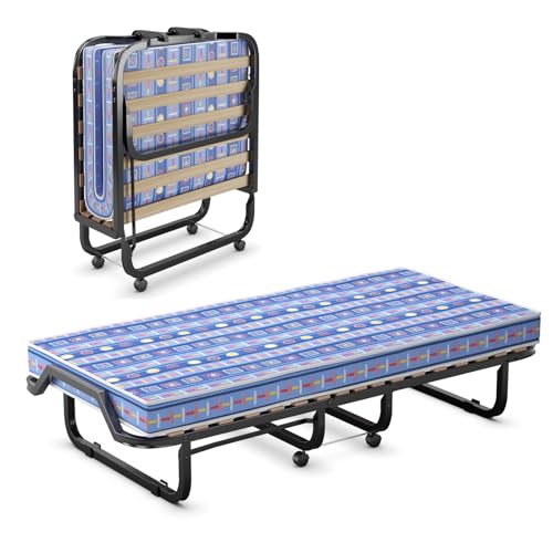 GOPLUS Cama Plegable Cama de Invitados 80 x 200 cm, con Colchón de Espuma Viscoelástica de 10 cm de Espesor, Estable Armadura de Metal con Ruedas, Fabricado en Italia, Soporta Hasta 120 kg, Azul