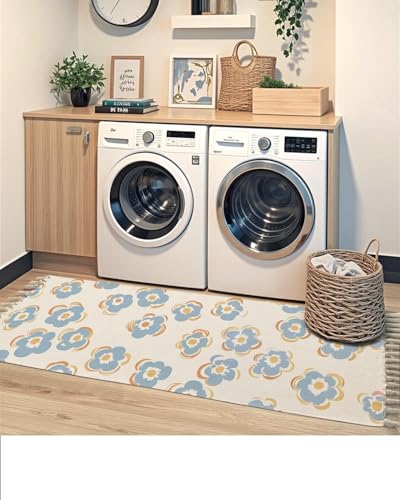 Image of SAGON 2x5 Ft Printed Runner Carpet - Cotton Bedside Rug for Bedroom & Living Room (Blue Retro Blossom)