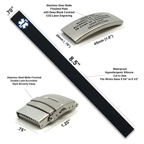 Medical Alert Bracelet Black Sport: Hypoallergenic Waterproof Id Bracelet, Free Laser Engraving, Free Economy Shipping, Emergency Medical Card Included. #TOP1