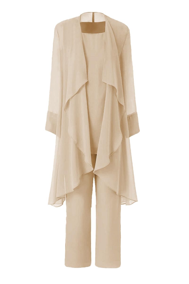 Women's Mother of The Bride Pant Suits 3 Pieces Chiffon Outfit Sets for Wedding Pant Suit with Jacket Champagne