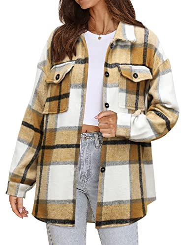 Beaully Plaid Flannel Shirts for Women Oversized Long Sleeve Button Down Buffalo Plaid Shirt Blouse Tops 6062 D-Khaki X-Large
