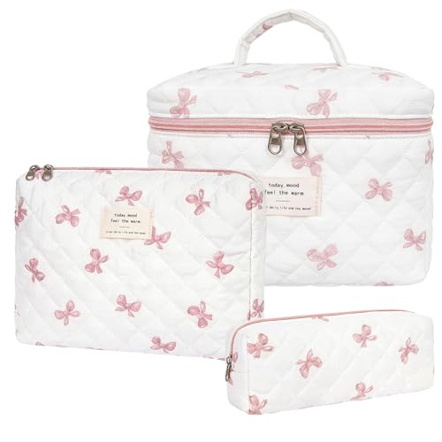 Design del prodotto: la trousse da donna presenta adorabili e bellissimi motivi a fiocco che aggiungono un tocco di eleganza e fascino ai tuoi oggetti essenziali quotidiani. È la trousse perfetta per le appassionate di trucco che amano viaggiare con stile.