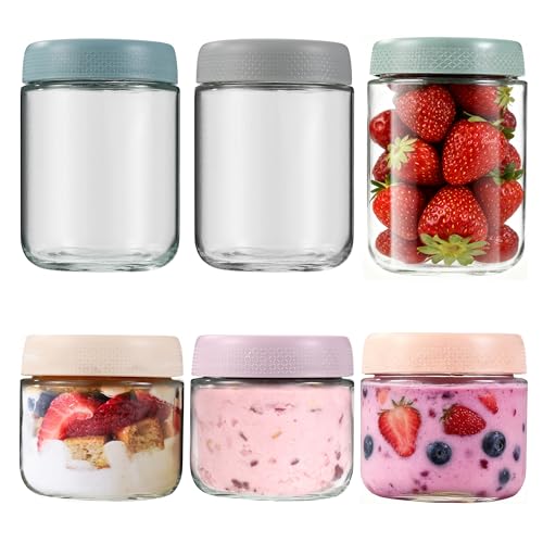 BUCOMTU Lot de 6 Bocaux en Verre Overnight Oats Jar,Bocaux avec Couvercle à Visser, Réutilisables Avec Oats Jar pour Overnight Oats, Meal Prep Boxes,...
