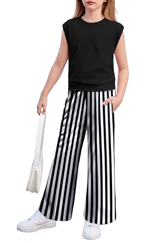 Image of Arshiner Girls Clothes 2 Piece Outfits Drop Shoulder Sleeve Top and Wide Leg Pants Set Trendy Clothing Size 6-14