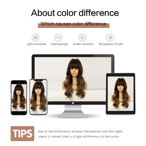 Esmee 24" Synthetic Wigs for Women Dark Roots Long Wig with Bangs Ombre Wavy Hair Realistic Simulation Scalp Middle Part - Image 5