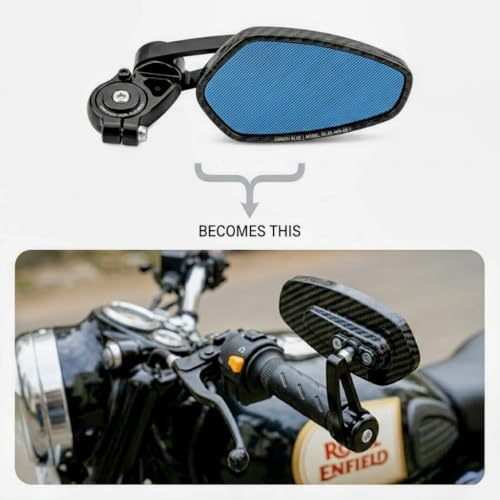 Image of Universal Motorcycle Bar End Rear View Mirror Set of 2, Blue Anti Glare Side Mirrors with Carbon Fiber Look Housing, Adjustable Foldable Bike Mirror for Motorcycle and Sports Bike