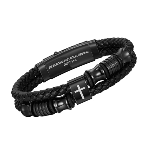 Christian Black Leather Bracelet for Men, Braided Leather Cross Adjustable - image 1
