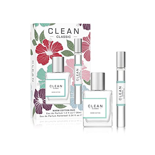 CLEAN CLASSIC Warm Cotton Eau de Parfum Duo Holiday Gift Set | Vegan, Phthalate-Free, & Paraben-Free | 30mL Spray Bottle & 10mL Rollerball Fragrance