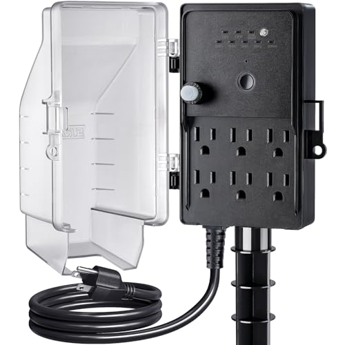 SURAIELEC Outdoor Power Stake Light Timer, Dusk to Dawn, 6 Electrical Outlet Power Strip...