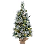 Goplus 3ft Pre-Lit Mini Tabletop Christmas Tree, Artificial Small Battery Operated Xmas Tree with 30 Warm White LED Lights, Timer, 98 Flocked PVC & Pine Needles, for Home Office Decoration