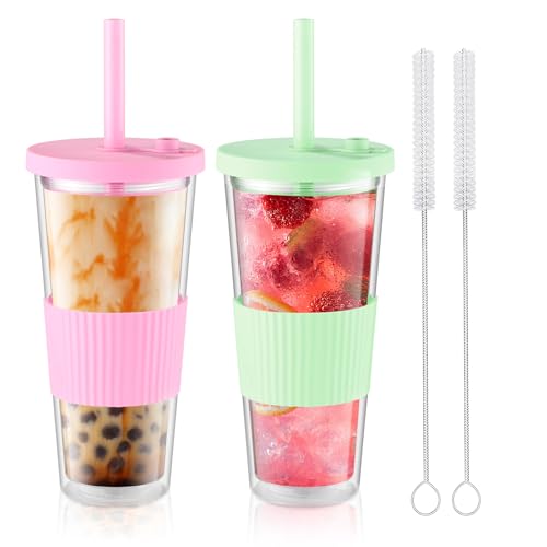 Esilihom 2 Pack Reusable Bubble Tea Cup Boba and Smoothie Cups 730ml/24oz Wide Mouth Double Wall Drinking Jars with Straw & Lid Leakproof for Iced Coffee Milkshake (Green&Pink)