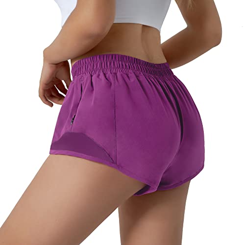 Aurefin Running Shorts For Women,Quick Dry Athletic Sports Shorts Lightweight Active Workout Gym Shorts With Zip Pocket Plum/L #TOP2