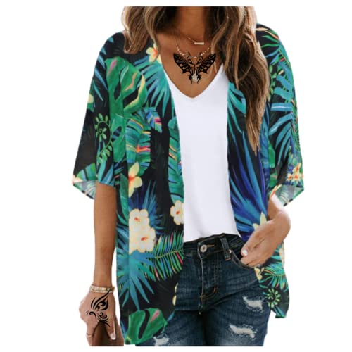 Women's Floral Print Puff Sleeve Kimono Cardigans Chiffon Casual Loose Open Front Cover Tops Cardigan Blouse