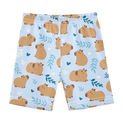 Cute Capybara Simple Flower Blue Pattern Girls Shorts Elastic Waist Sports Shorts Girls Leggings Pants for 4-10 Years